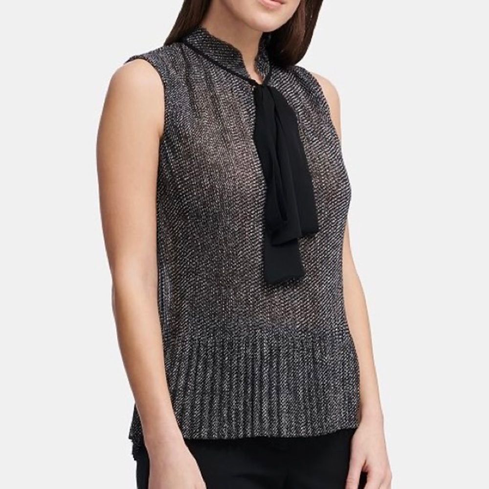 NWT DKNY Pleated Tie-Neck Top LP black and ivory - Picture 2 of 8
